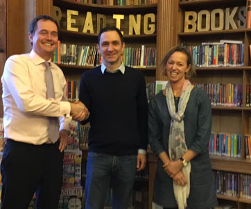 Jonathan with Edward Balfour, Headmaster of Beechwood Park School, and Liz Green, the school's Librarian.
